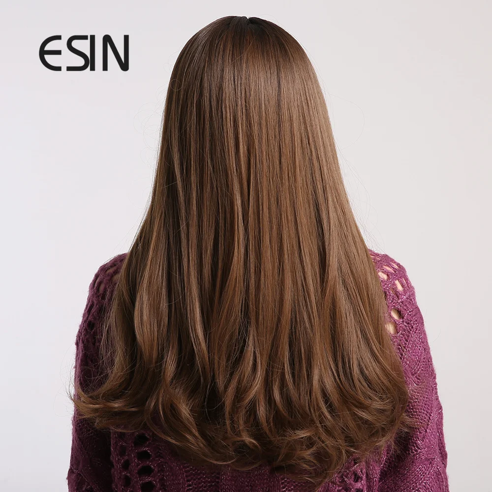ESIN темно коричневый Длинный натуральный волнистый парик с воздушной челкой