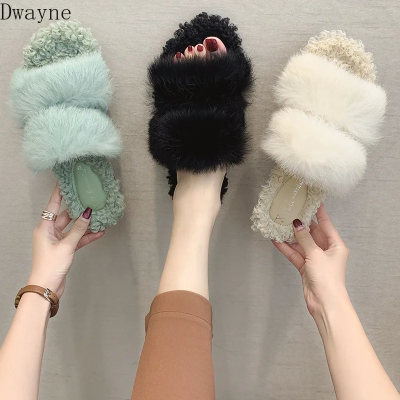 Меховые тапочки удобная женская обувь на мягкой подошве модные дикие плоские