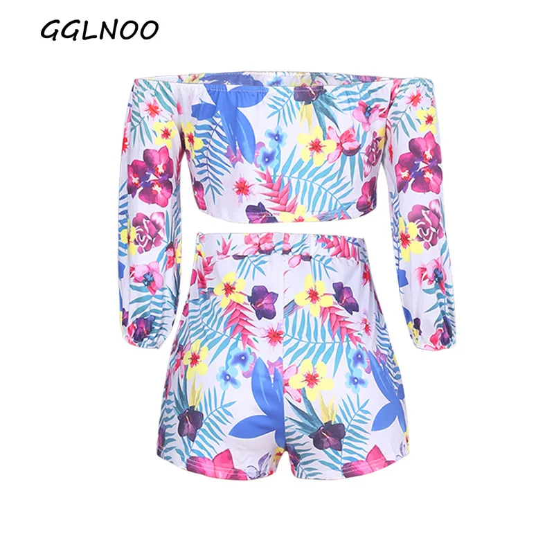 

GGLNOOSummer Casual High Quality New Design Playsuis Print Floral Off One-Shoulder Puff Sleeve Tube Top Two-piece Suit Summer C