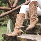 Ковбойские ботинки в западном стиле для женщин, женская обувь с острым носком, брендовая замшевая кожаная обувь с тиснением, до середины икры, объемная искусственная кожа