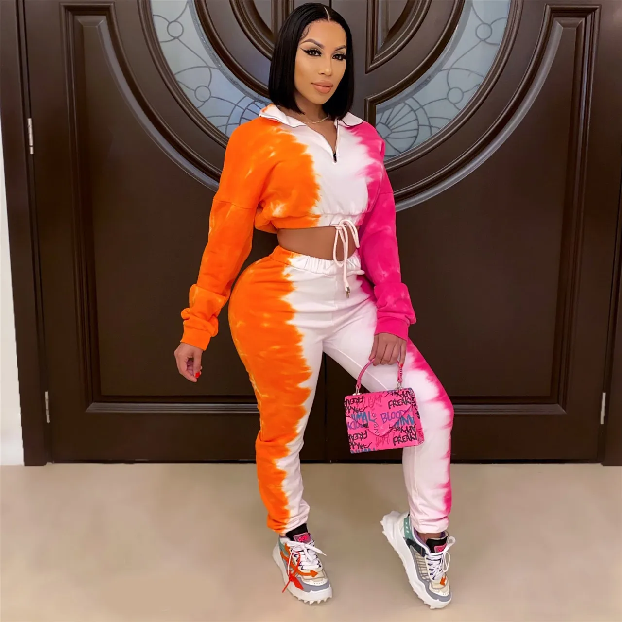 

2020 Hot Sale 2 Pcs Women Tie-dye Outfits Winter Long Sleeve Stand Collar Crop Top with Drawstring + Trousers