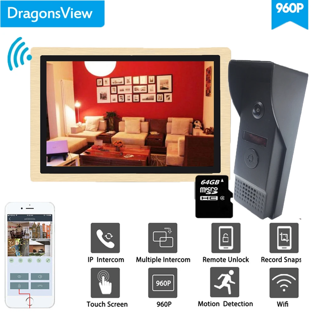 10 дюймовый беспроводной видеодомофон Dragonsview с Wi Fi дверной звонок камерой 960P