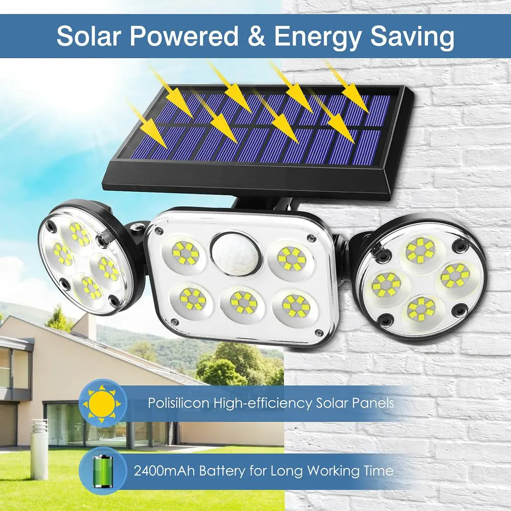 

78 LED Solar Lights Outdoor Floodlight 3 Head Motion Sensor Wide Angle Illumination Waterproof Wall Lamp Garden 3 Modes 2400mAh