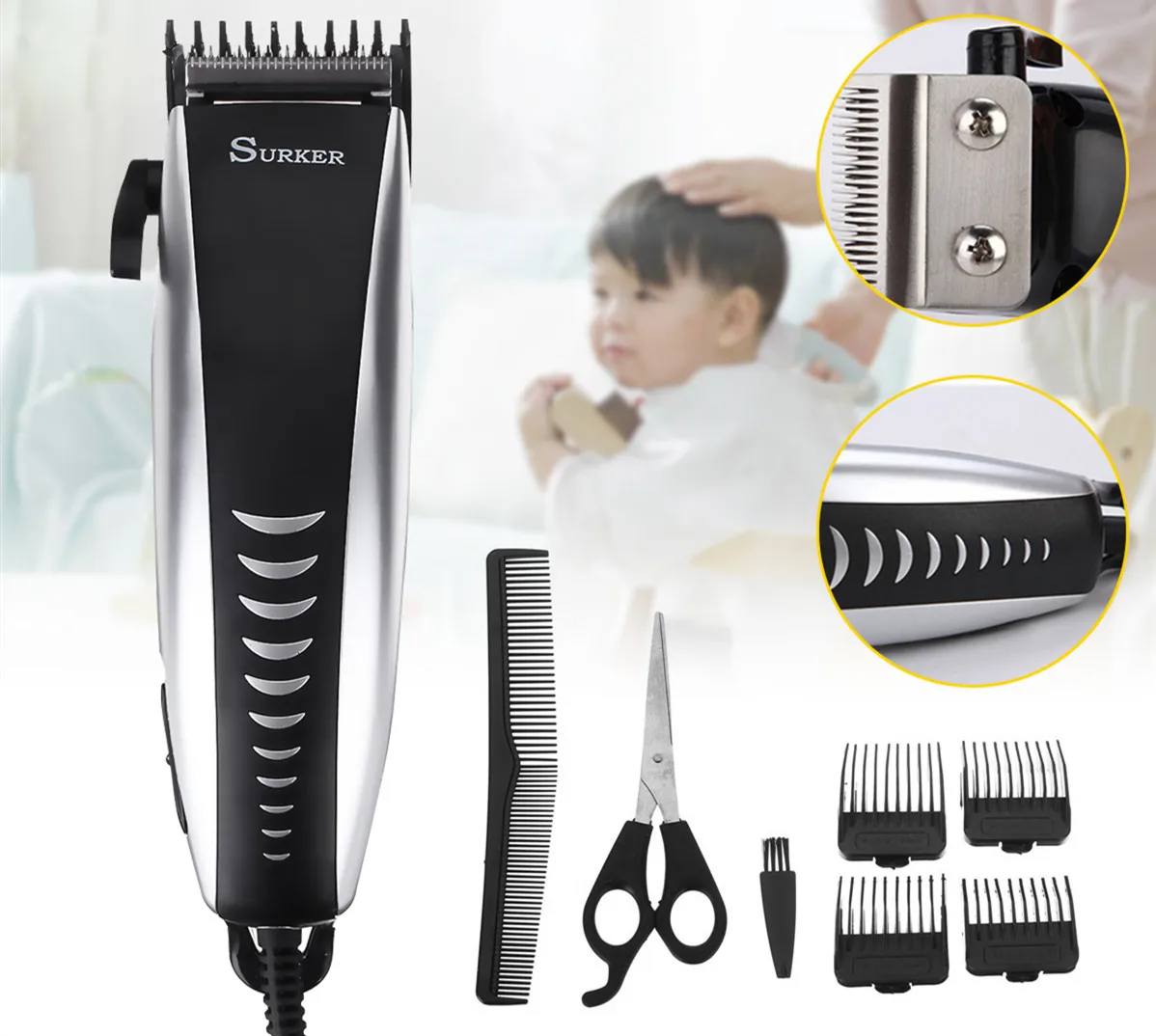 

220V Professional Electric Hair Trimmer Hair Clippers Cutting for Kids Man Adult Anti Slip Set Scissor EU Plug
