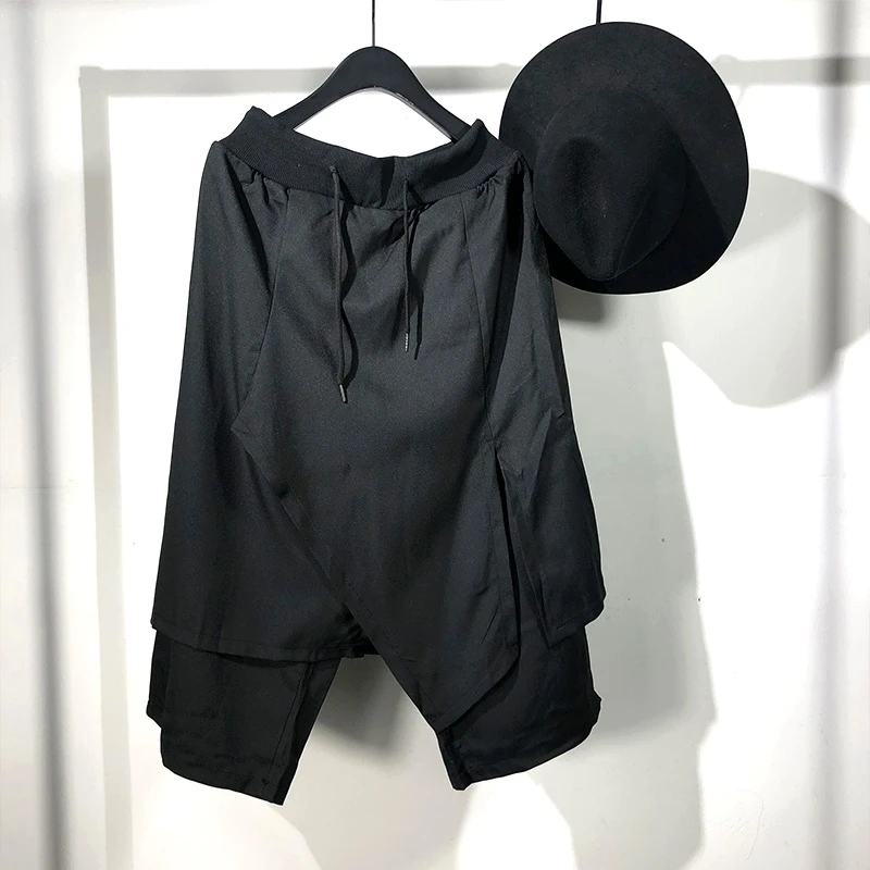 

Men Seven Points Of Trouser Skirt Summer New Solid Color Elastic Waist Irregular False Two Design Loose Pants Casual Pants