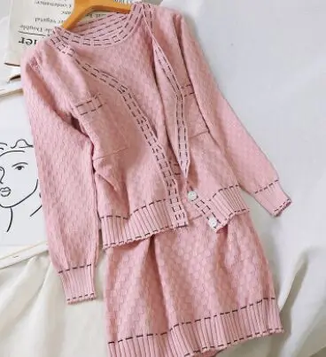 Pink Set Amolapha, модные женские вязаные однобортные пальто+ платье, комплекты для женщин, женский вязаный жилет, платья+ куртка с v-образным вырезом, пальто, костюмы - Цвет: Pink Set