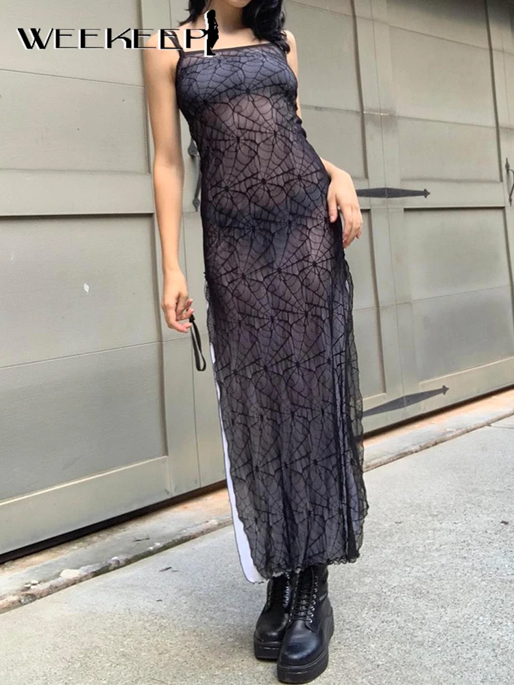 

Weekeep Women Sexy Double-Layer Mesh Long Dress Sleeveless Animal Print Side Split See Through Strap Dresses Ladies Club Outfits
