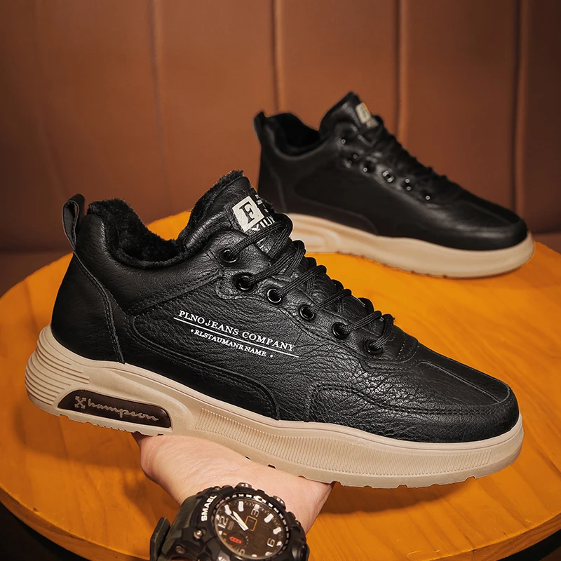 

Мужские кожаные кроссовки, теплая Модная теннисная обувь с плюшевой подкладкой, удобная повседневная Уличная обувь в британском ретро стил...