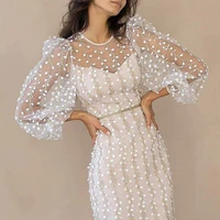 floral mesh lace white party dress for women elegant high waist o neck embroidery office dress 2021 a line women summer clothing