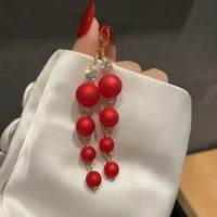 red pearl earrings new trendy face thin ear buckle korean temperament long ear jewelry female jewelry gift