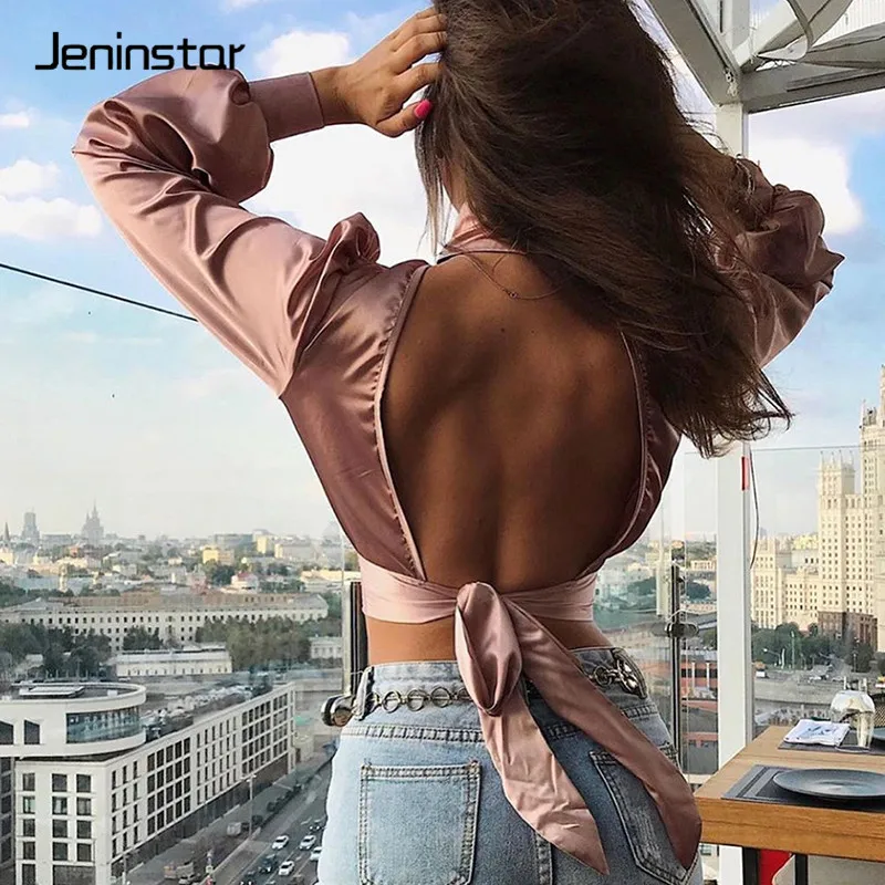 Jeninstar открытая спина шнуровка атласный сексуальный укороченный Топ для женщин