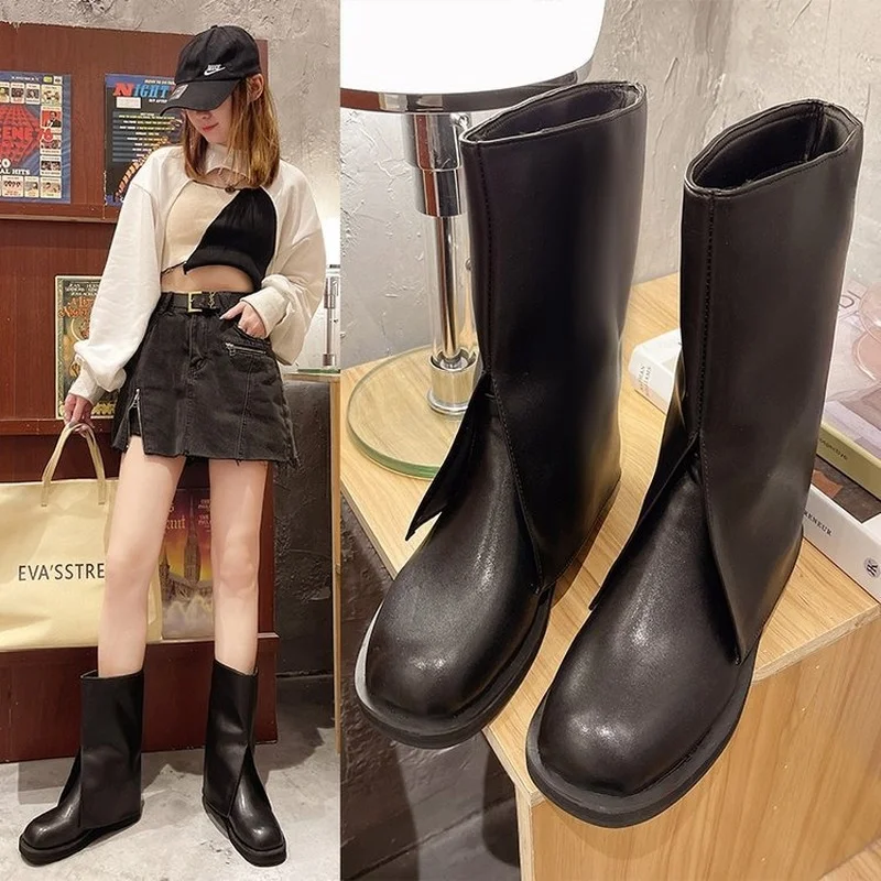 Novelty Women Boots Mid Calf Boots Low Heel Boots Slip on Shoes Autumn Winter Retro British Style Female Boots Botas De Mujer