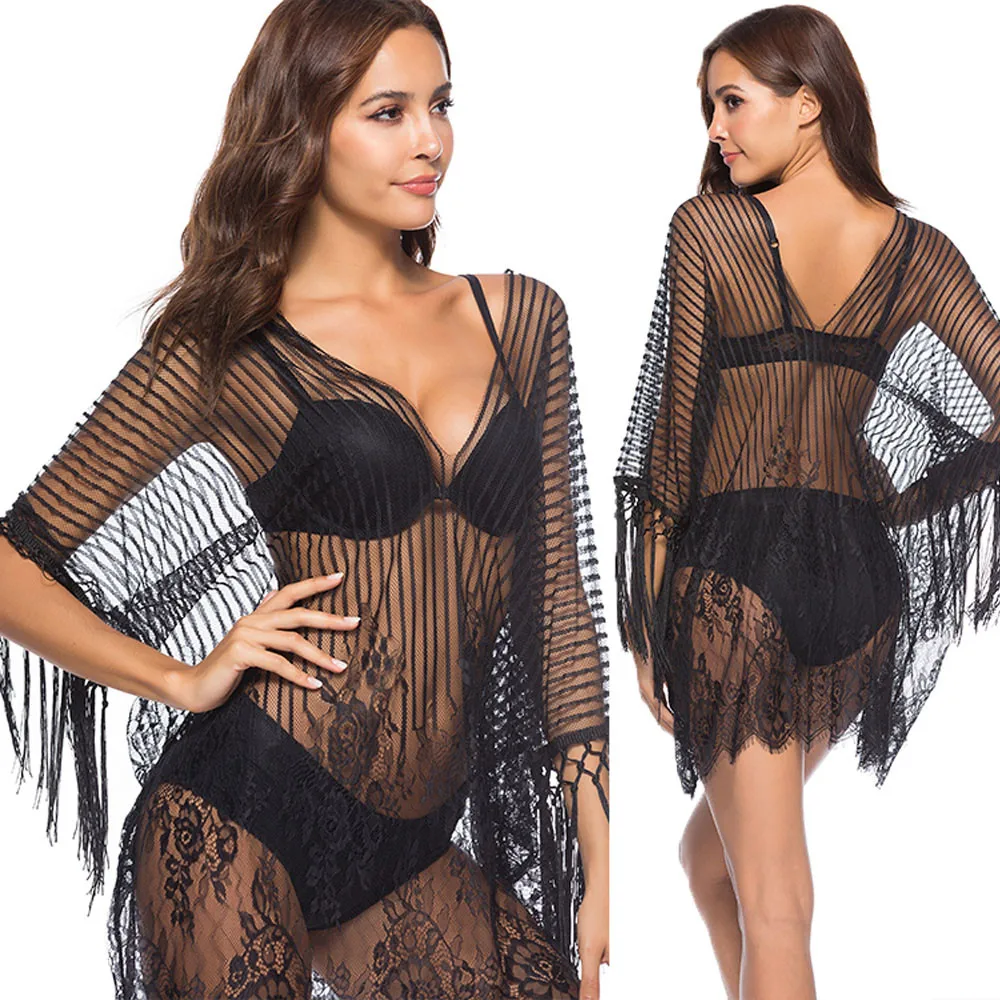 Wкороткие рукава купальник парео Омен бикини пляжное платье крючком с бахромой