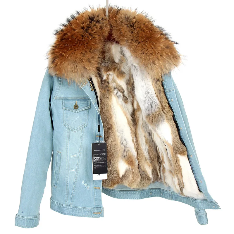 Женская джинсовая куртка теплая куртка-бомбер из натурального кроличьего меха с