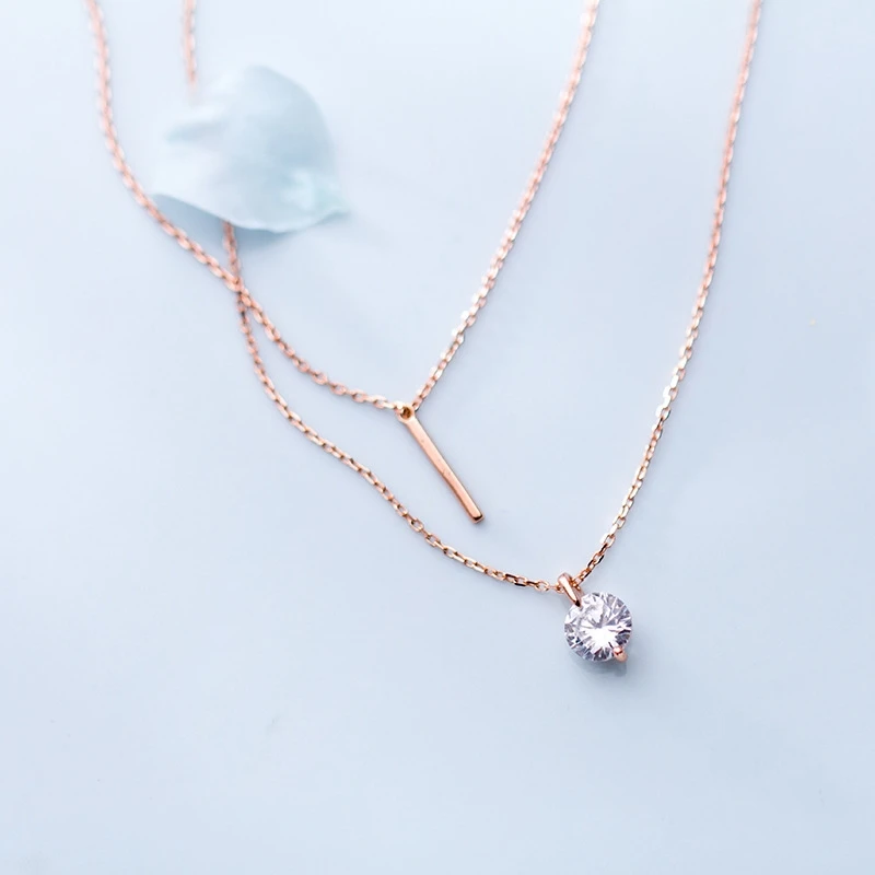 

925 Sterling Silver Rose Gold Color Geometry Round CZ Pendant Necklace Short Clavicle Chain Jewelry For Women Girls Lady