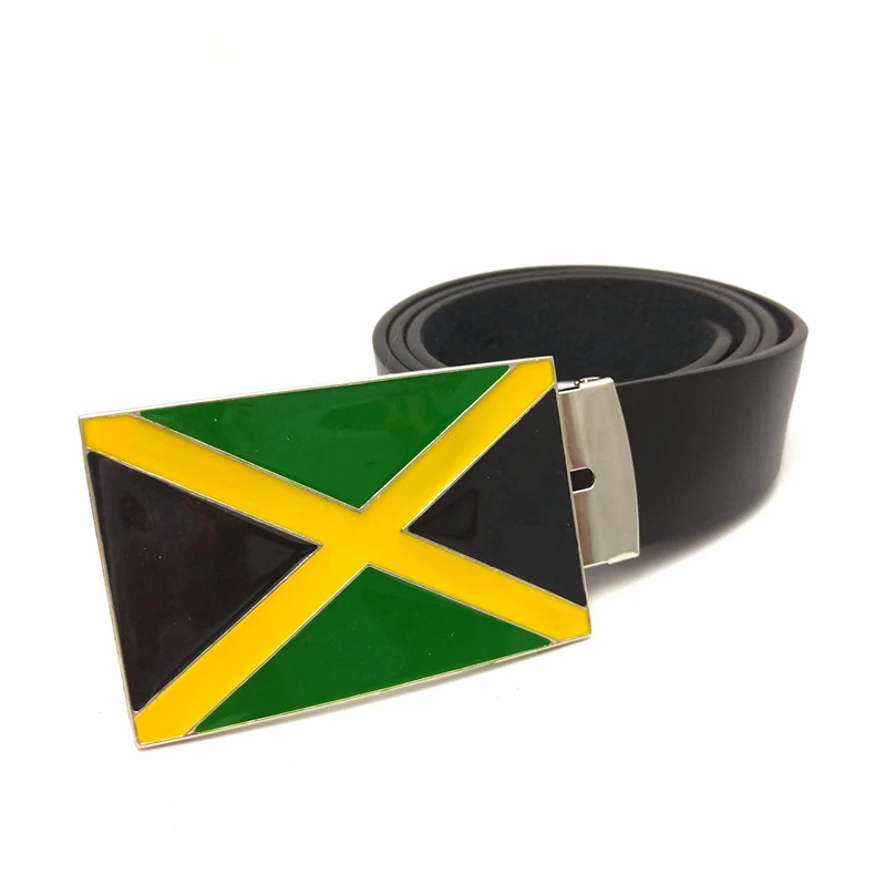 Fashion Black Pu Leather Belt Men 105 to 130cm with Jamaica Flag Metal Belt Buckle Designer Belts for Men Jeans Male Accessories