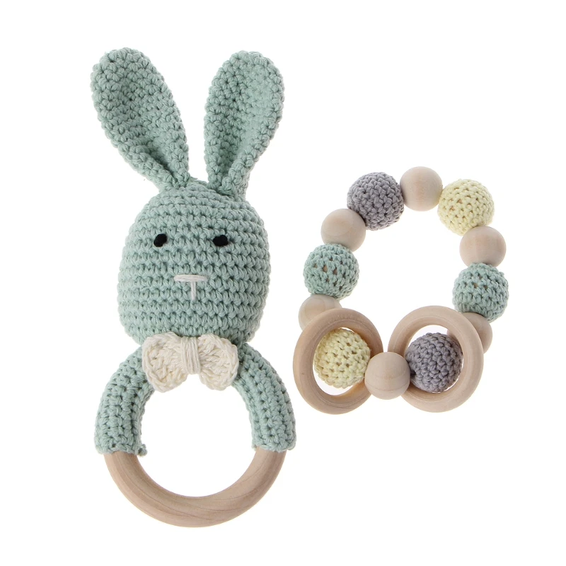 

2Pcs/Set Baby Wooden Teether Bracelet Crochet Bunny Teething Ring Chewing Toy XX9E