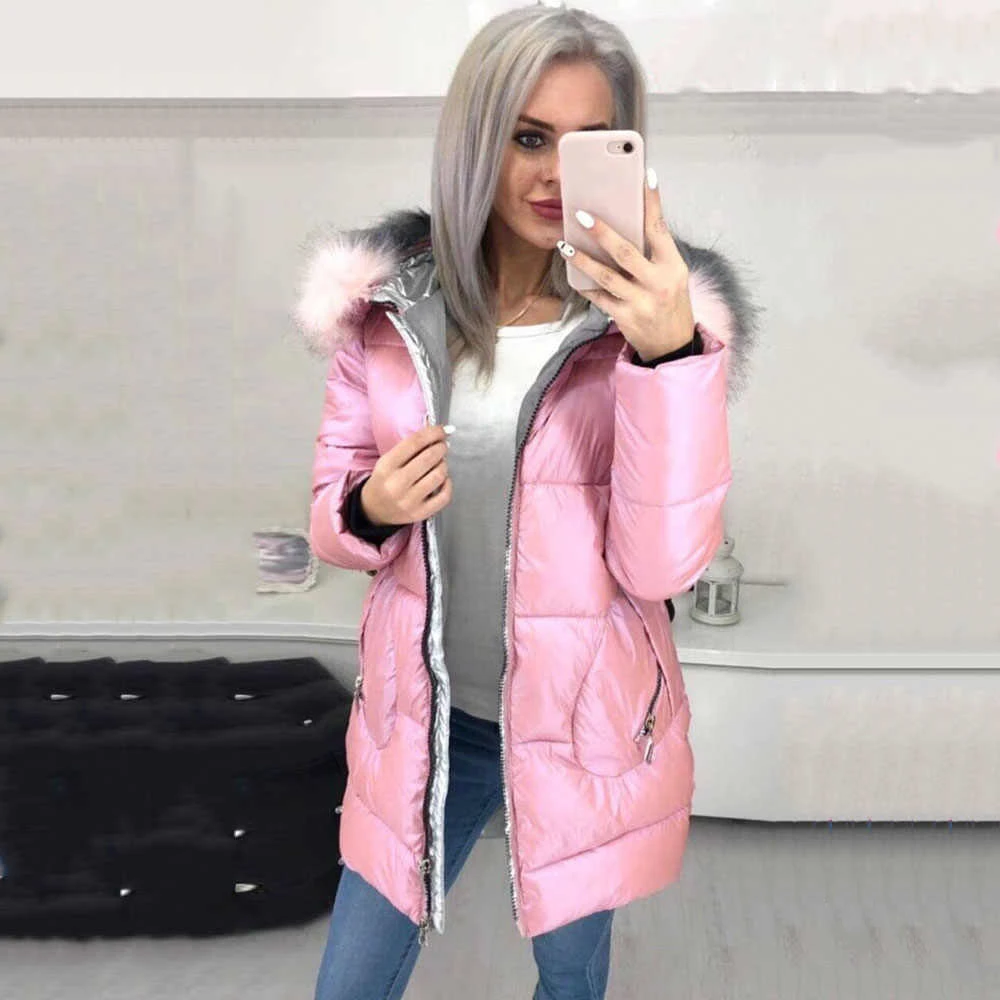 

Winter Down Jacket Women Fashion Down Coat Padded Jacket Puffer Warm Outerwear Female Long Parka Zip Up Faux Fur Hooded Jacket