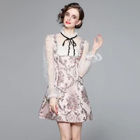 banulin 2021 new fashion runway summer dress women long sleeve mesh patchwork floral print short pink jacquard dress