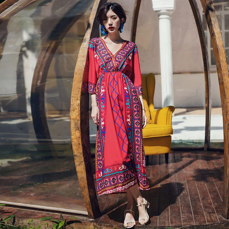 New women clothes 2019 Spring and summer new style Beach dress Bohemian midi Printed Ethnic wind beach | Женская одежда