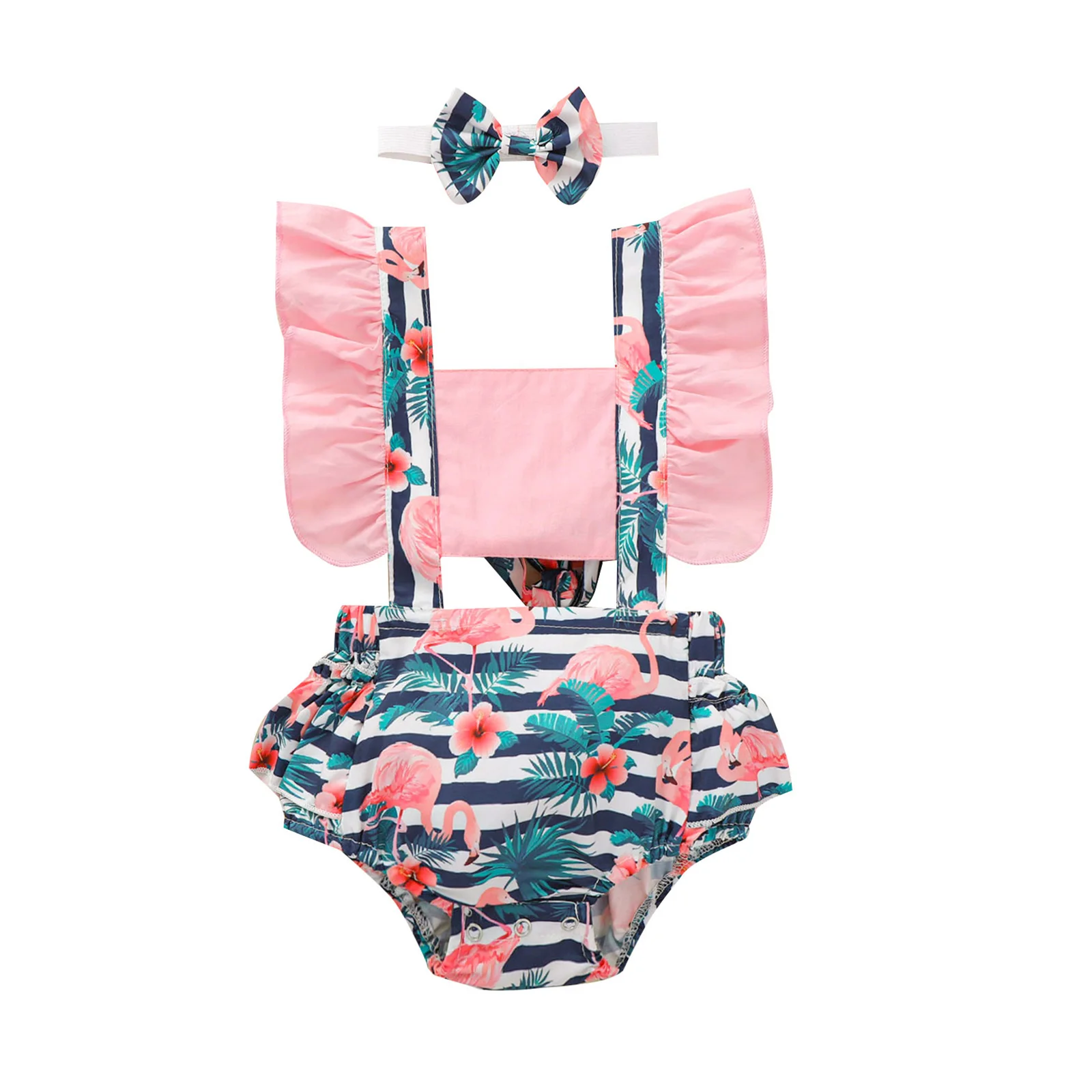 

0-24M Summer Baby Girl Playsuit Floral Striped Print Hollow Ruffle Short Sleeve Romper+Headband Sweet Outfits 2pcs