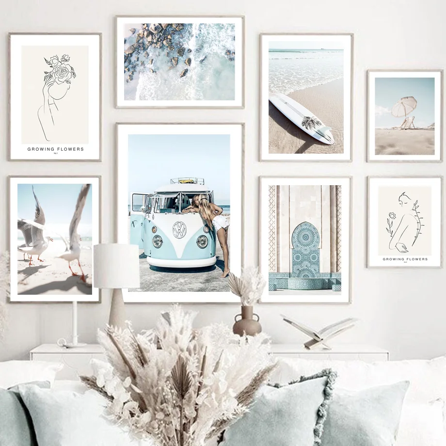 

Wall Art Canvas Painting Sand Surfboard Van Wave Seagull Girl Line Nordic Posters And Prints Wall Pictures For Living Room Decor