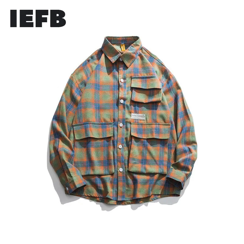 

IEFB /can ship men's waer 2022 Autumn fashion new design Tide many Pocket Lattice Shirt for Male loose fittops 9Y819