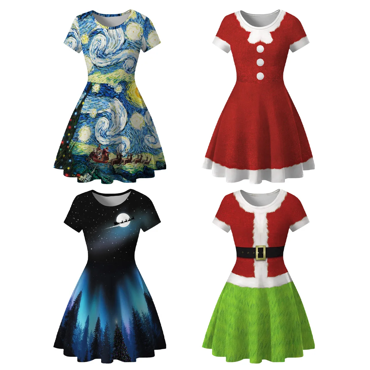 

Esnewdon Christmas Dresses for Women short Sleeve o Neck Maxi Dress A-line Cocktail Holiday Party Flare Dress