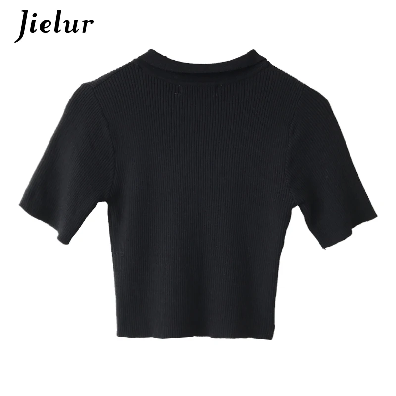 

Jielur Knitted Short T Shirt Women Basic Black T-Shirt Summer Chic Short Sleeve Elastic Korean New Tee Tops Slim Hipster Tshirt