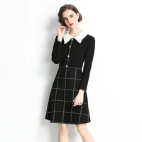 new sweater long sleeve woman dress 2021 polo collar plaid knitted midi dress office lady button knee length black plaid dresses
