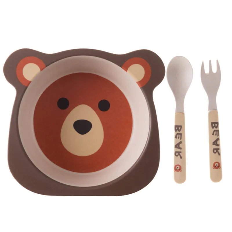 Brown Bear Набор детской посуды 3 шт./компл., детская чашка, вилка, ложка, животное, антиосенняя посуда из бамбукового волокна, перегородка для кормления, столовая посуда - Цвет: Brown Bear