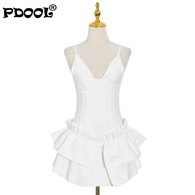 

2021 Summer New Women'S White Mini Dress Sexy Spaghetti Strap V-Neck Draped Bandage Dress Bodycon Club Party Dress Vestidos