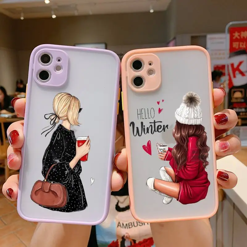 

Fashion art Brown Hair Female Phone Case For iPhone 13 12 11 Mini Pro XR XS Max 7 8 Plus X Matte transparent Pink Back Cover
