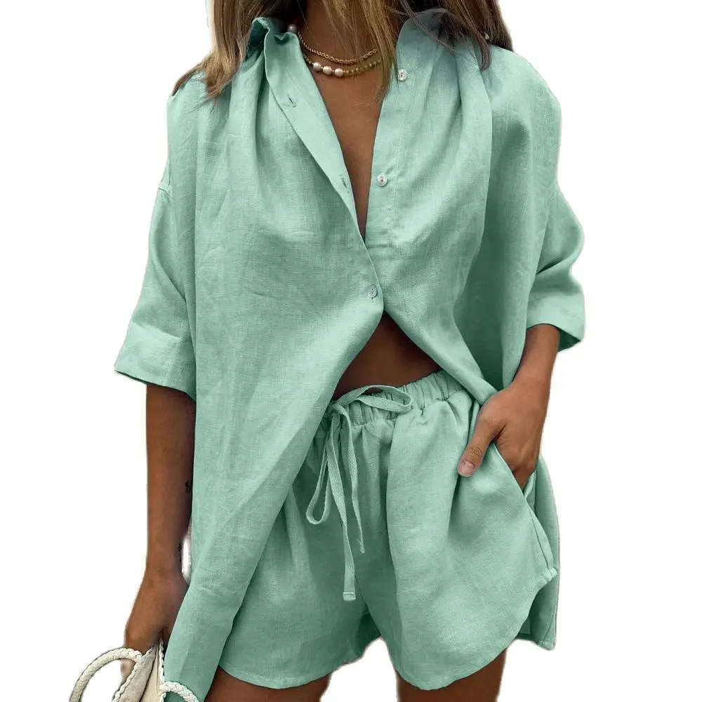 

MODX Summer Fashion Women's solid color single breasted medium sleeve shirt short wide leg pants loose fashion casual suit