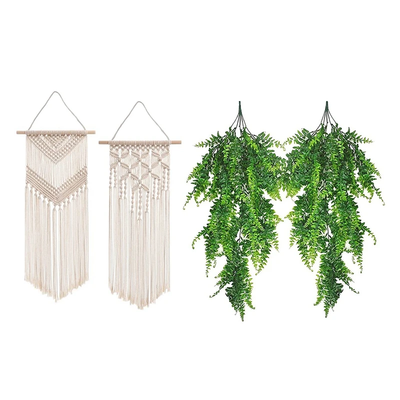 

2 шт. макраме Настенный декор Тканое настенное искусство гобелен из макраме и 2 шт. искусственные фотообои украшение