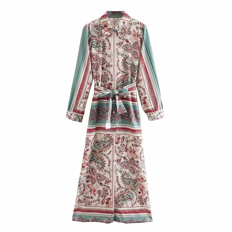 Женское винтажное платье рубашка с цветочным принтом длинным рукавом и разрезом