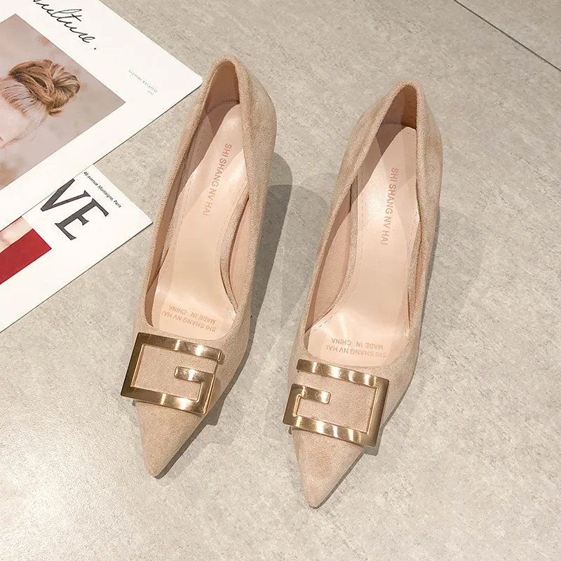 

Prom Evening Shoes office shoes Women Lady Black red suede Leather Poined Toes Metallic high heels shoes pumps