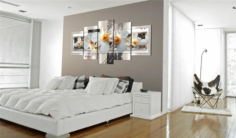 

Modern Painting Canvas 5 Panels Beautiful Purple and White Orchid Wall Art Floral Decoration Picture Living Room Home Decor