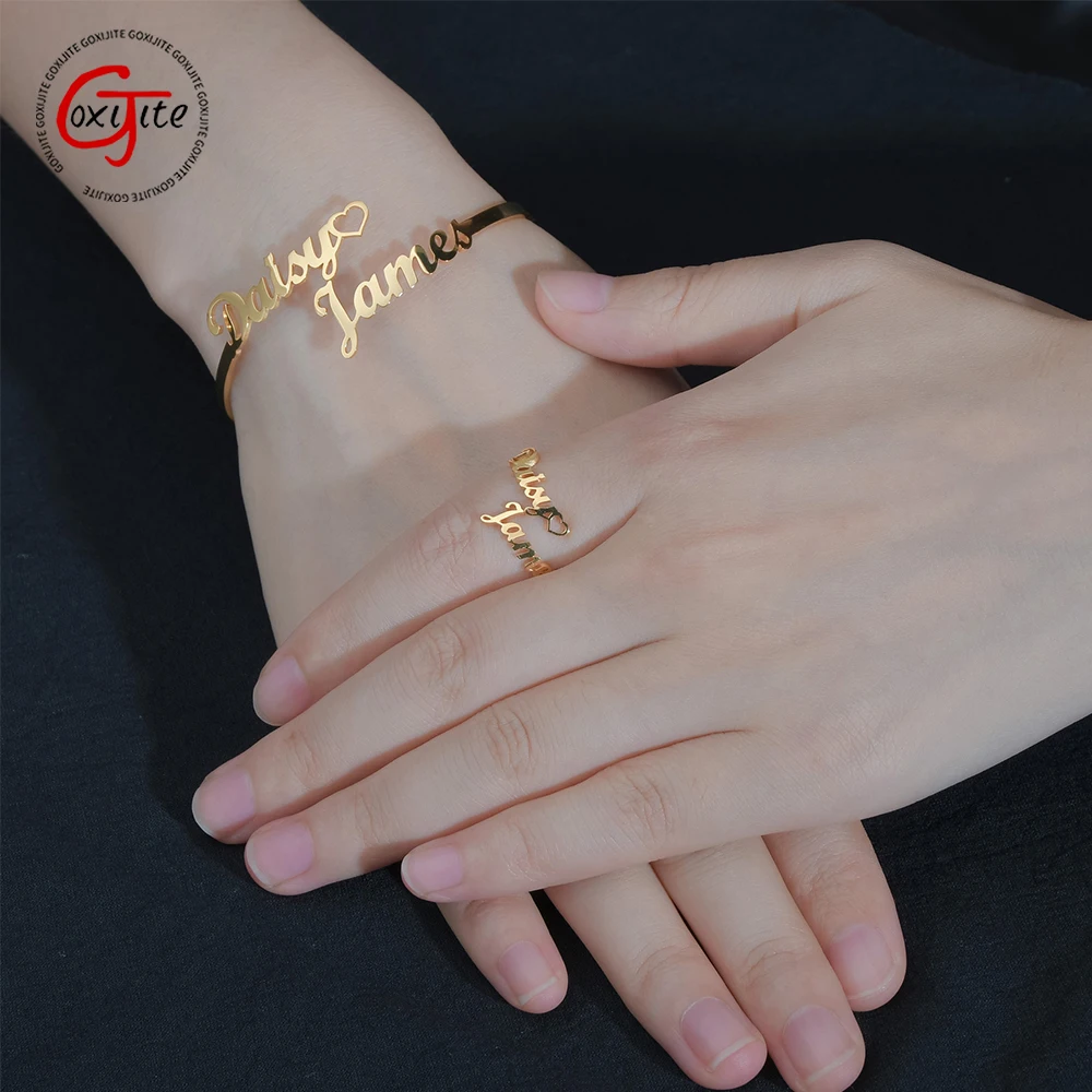 

Goxijite Personalized Women Name Bangle Ring Set Series Custom Adjustable Open Nameplate Hollow Love Bangles Rings Jewelry Gift