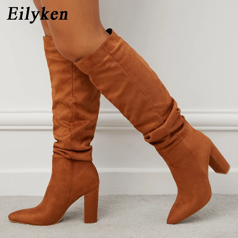 

Eilyken Embossed Women High Heel Boots Designer Chunky Heel Shoes Long Boots the Knee Pleated Botas Mujer 2022