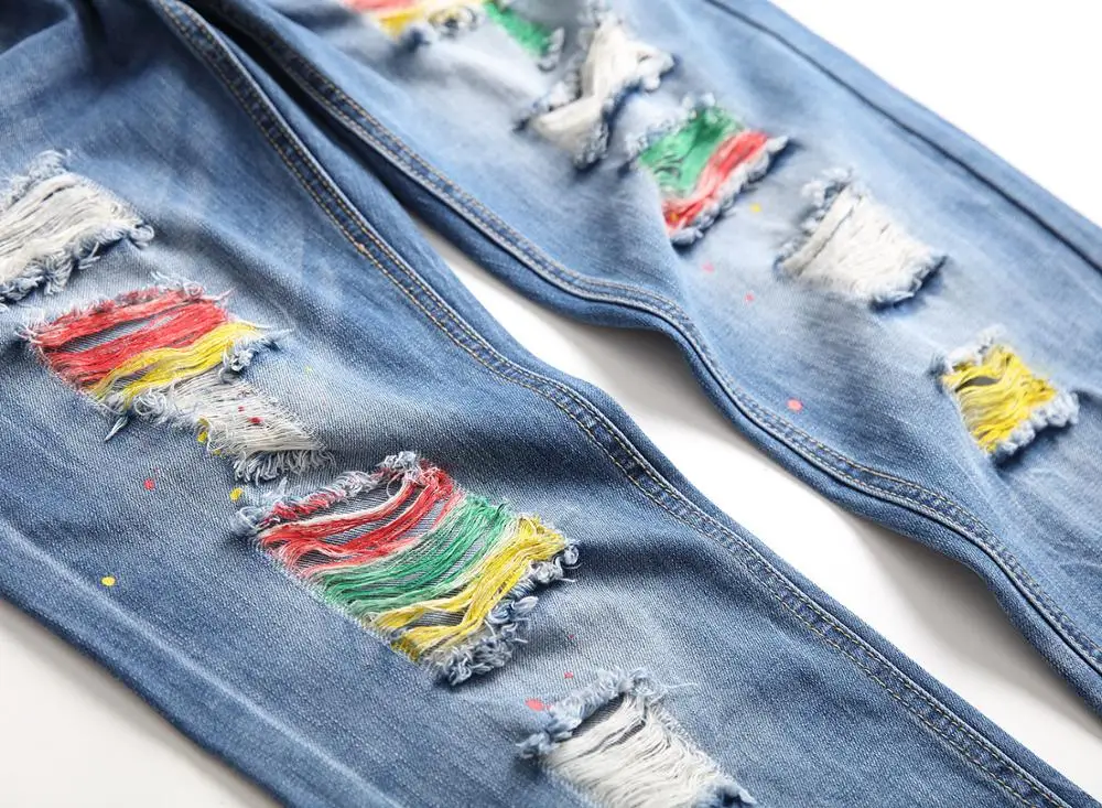 

New Men's Male Trousers Spring Summer 2020 European American Trendy Straight Jeans With Holes Hand-painted Spots Denim Pants