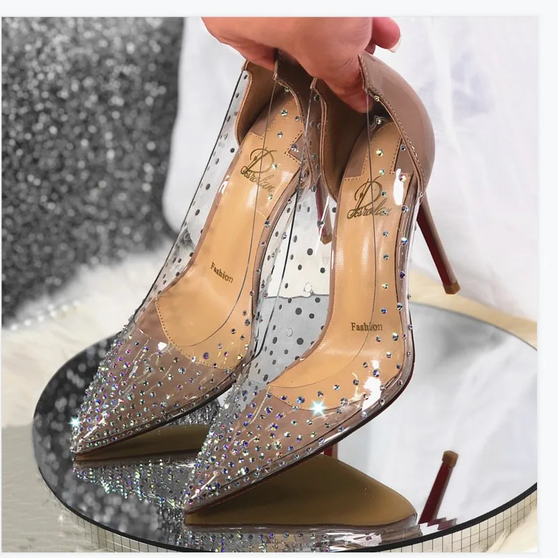 2023 Spring Office Ladies Sexy Pumps Woman PVC Transparent Thin High Heels Crystal Diamond Light Pointed Toe for Women's Shoes