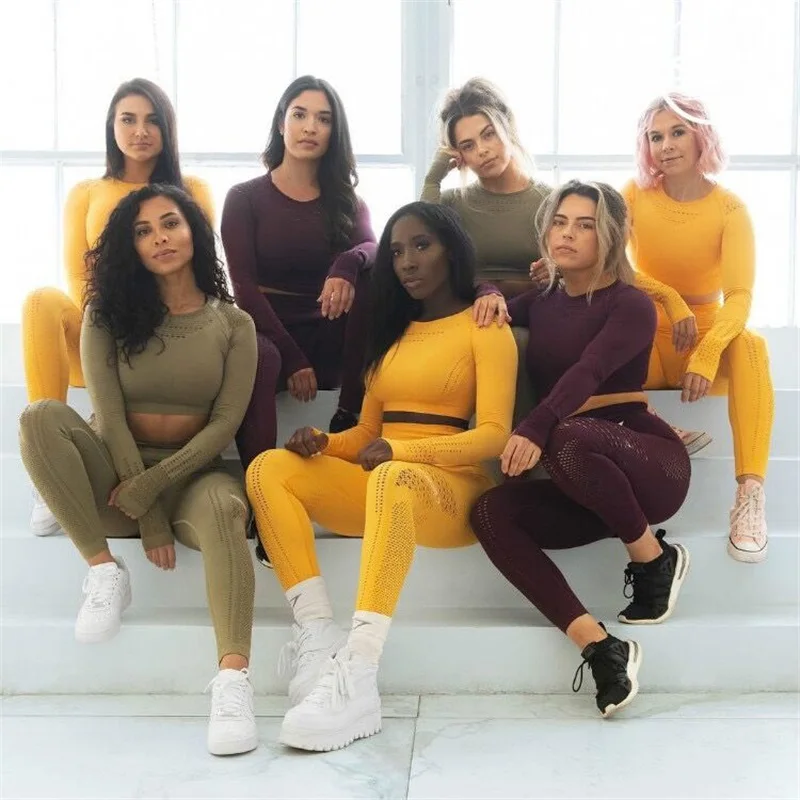 

Women Seamless Gym Sets High Waist Gym Mesh Leggings Shirts Suit Long Sleeve Fitness Workout Sports Running Thin Sport Sets
