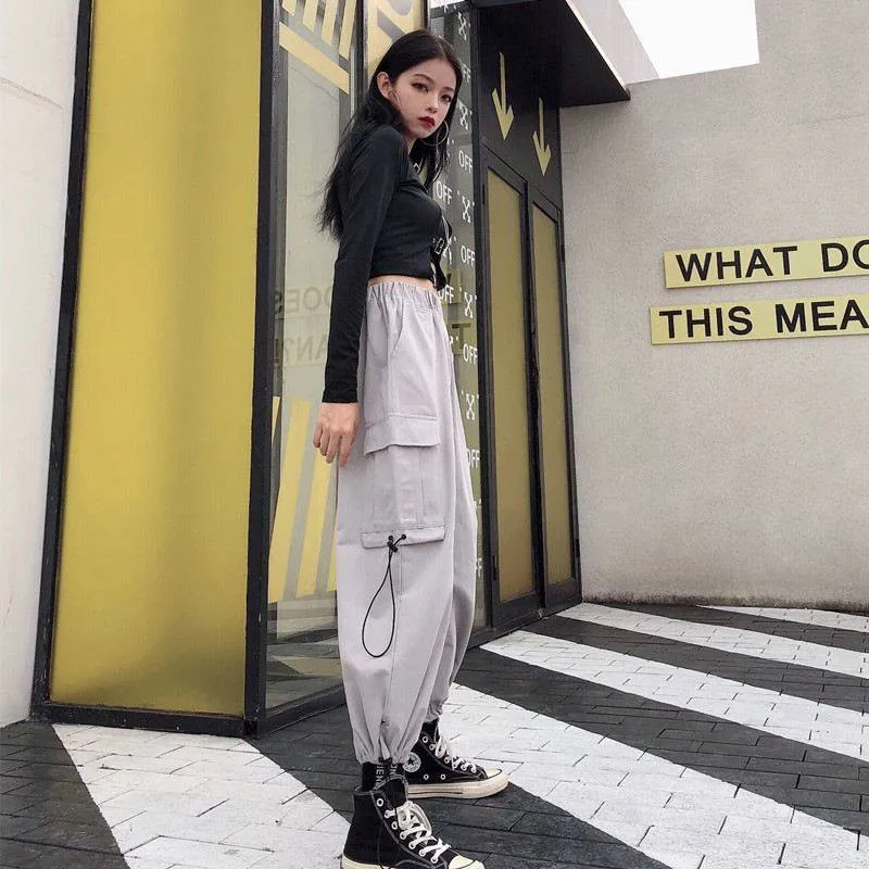 Черные корейские брюки женские летние карго в стиле хип хоп повседневные