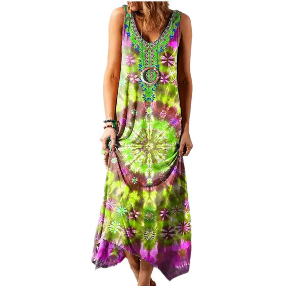 

Women Bohemian Sundress Sleeveless Ethnic Print V Neck Large Hem Loose Maxi Dress for Beach Loose Maxi Dress