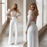 elegant wedding jumpsuit 2022 for women satin long sleeves backless pants sets for brides sparkly beach modern