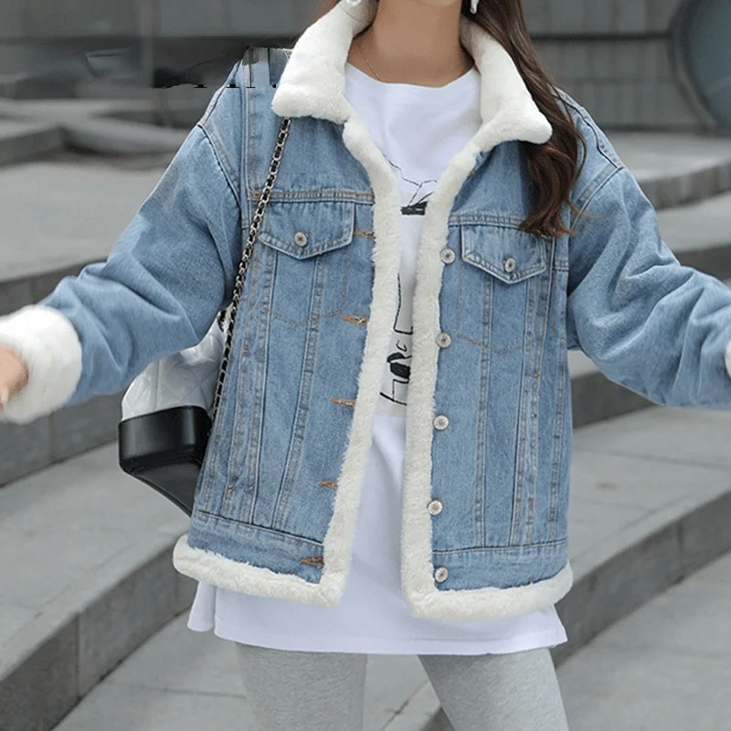 

2021sungtin Winter Warm Lambs Wool Loose Denim Coat Women Oversized Korean Bf Style Casual Jackets Female Fashion Denim Tops