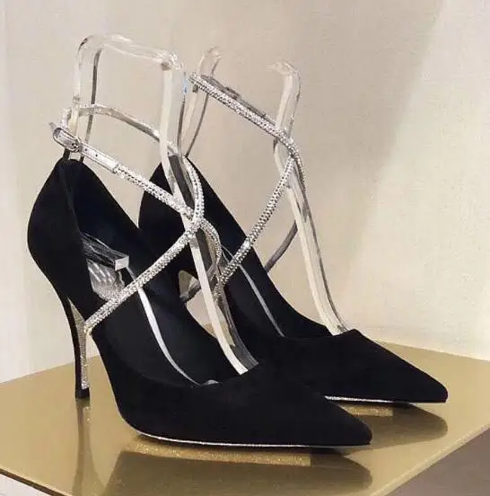 

Moraima Snc Newest Pointed Toe High Heel Shoes Crystal Embellished Cross-tied Woman Pumps Sexy Party Wedding Heels Black