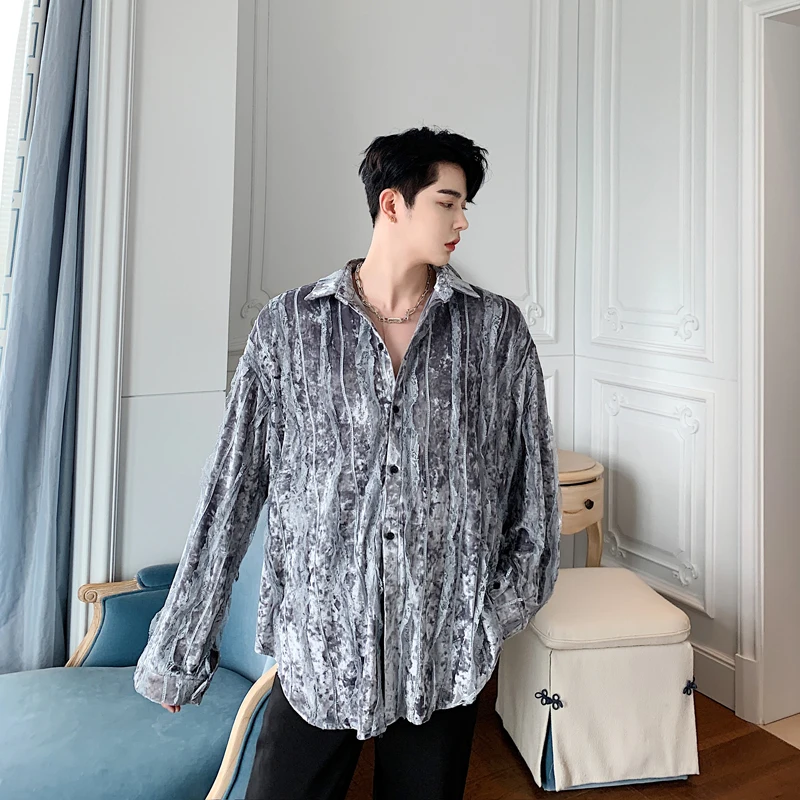 Men Vintage Fashion Black Gray Lace Velvet Striped Loose Long Sleeve Casual Shirt Male Women Streetwear Hip Hop Dress Shirts | Мужская