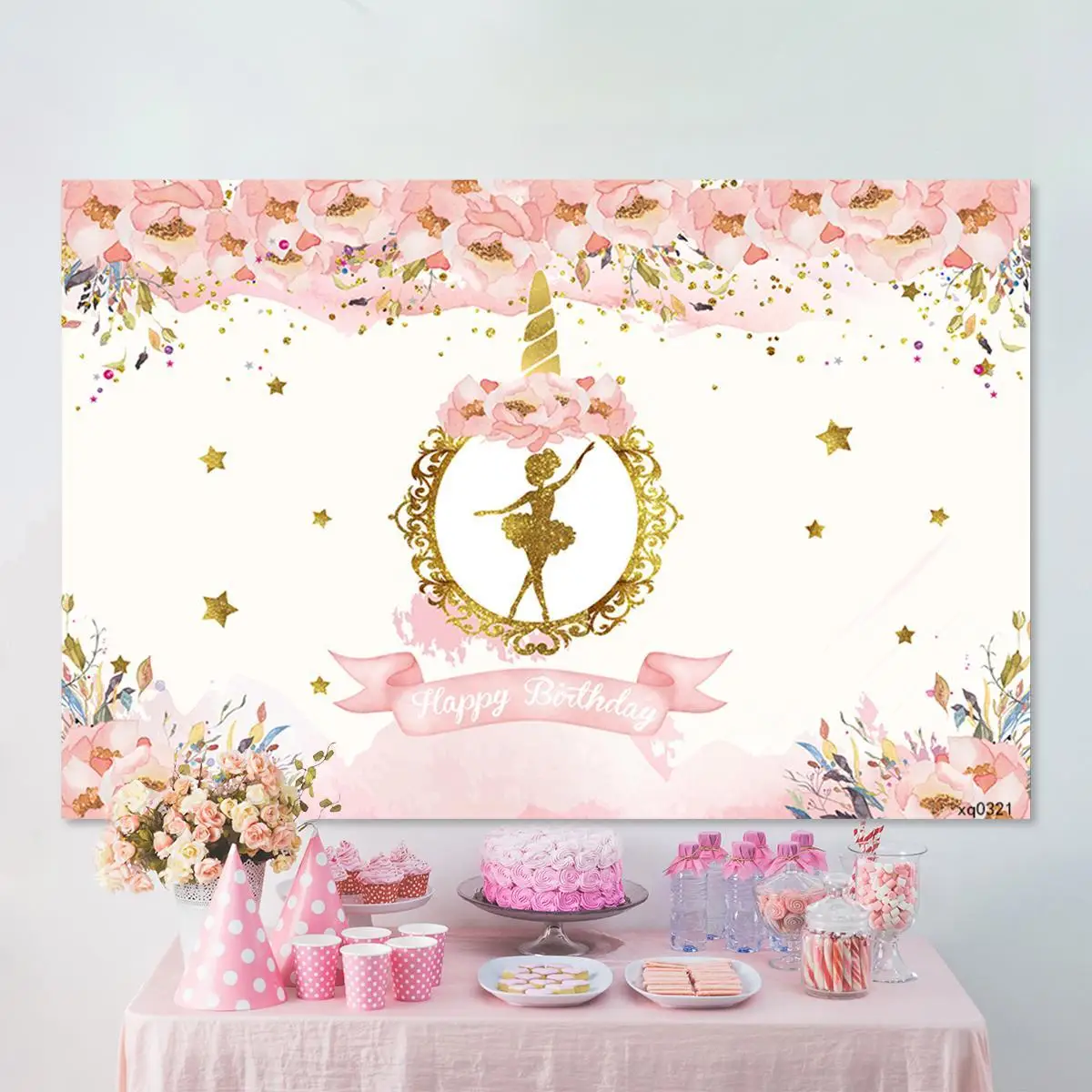 

Gold Glitter Dance Ballerina Backdrop Pink Flowers Little Stars Girls Baby Shower Birthday Party Photography Background Vinyl